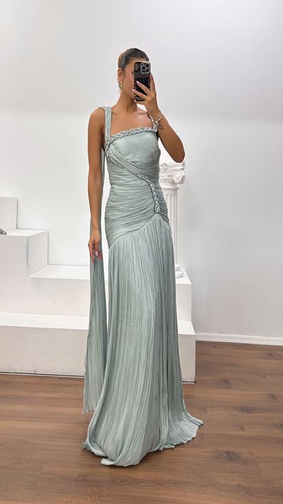 Vestido de Noche Plisado con Detalles de Punto en Verde Menta