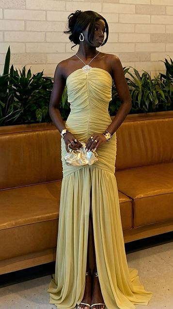 Beige Ruched Slit Dior Organza Evening Dress