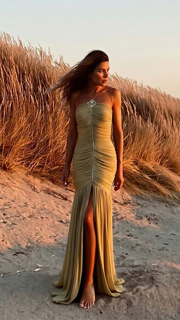 Vizon Dior Organza Ruched Slit Evening Gown
