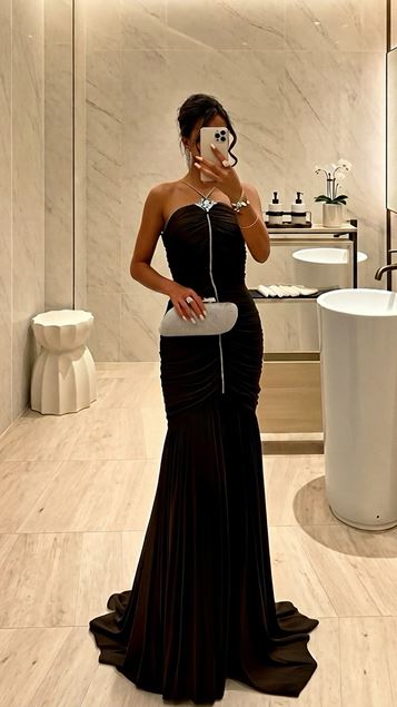 Brown Dior Organza Ruched Elegant Evening Gown