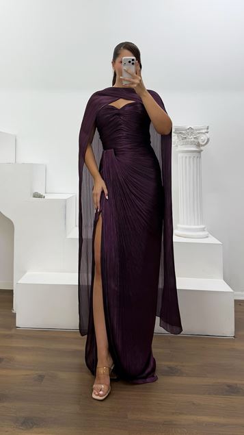 Plum colored Strapless Pleated Plus Size Evening Dress