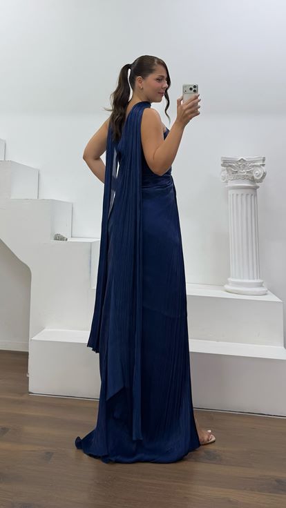 Navy Strapless Pleated Plus Size Evening Dress