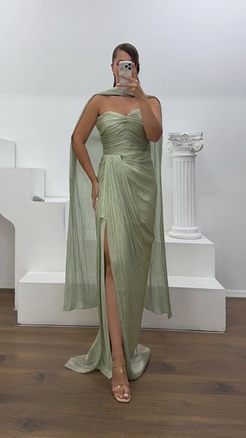 Mint Strapless Pleated Plus Size Evening Dress