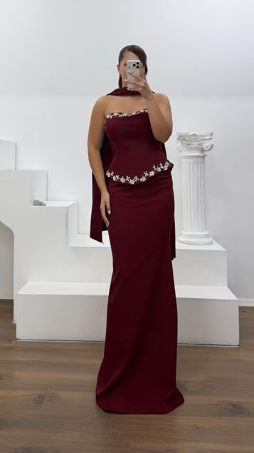 Burgundy Crystal Embroidered Strapless Satin Plus Size Evening Dress