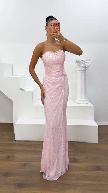 Pembe Straplez Drapeli Işıltılı Dantel Abiye Elbise
