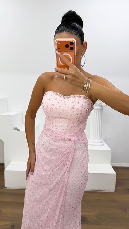 Pembe Straplez Drapeli Işıltılı Dantel Abiye Elbise