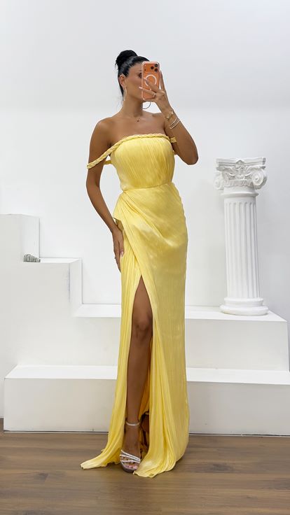 Butter Yellow Braided Sleeve Satin Evening Dress