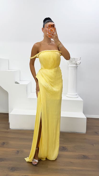 Butter Yellow Braided Sleeve Satin Evening Dress