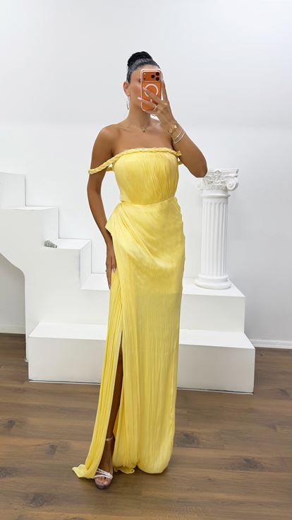 Butter Yellow Braided Sleeve Satin Evening Dress