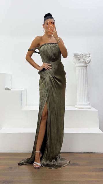 Khaki Braided Sleeve Satin Evening Dress