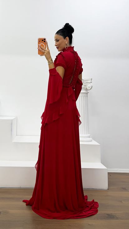 Red Ruffled Chiffon Evening Dress