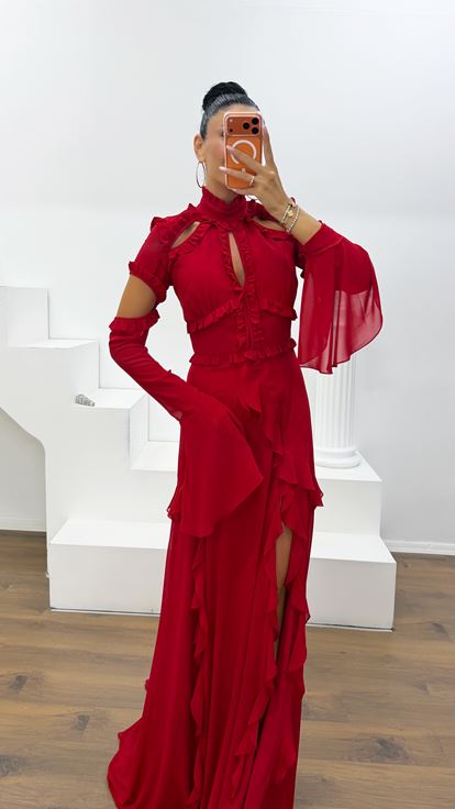 Red Ruffled Chiffon Evening Dress