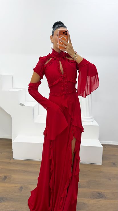Red Ruffled Chiffon Evening Dress