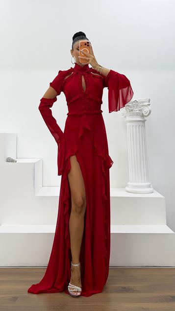 Red Ruffled Chiffon Evening Dress