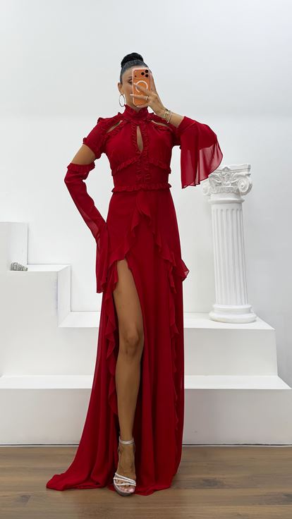 Red Ruffled Chiffon Evening Dress