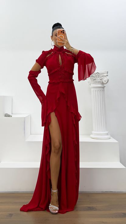 Red Ruffled Chiffon Evening Dress