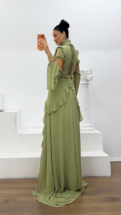 Khaki Ruffled Chiffon Evening Dress