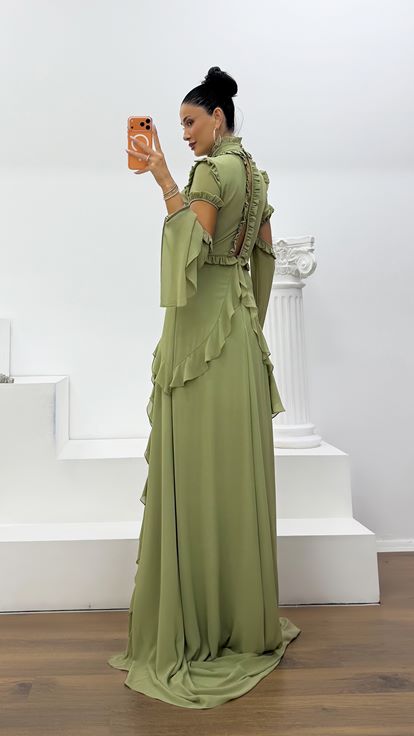 Khaki Ruffled Chiffon Evening Dress