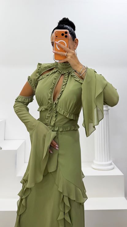 Khaki Ruffled Chiffon Evening Dress