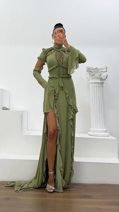 Khaki Ruffled Chiffon Evening Dress