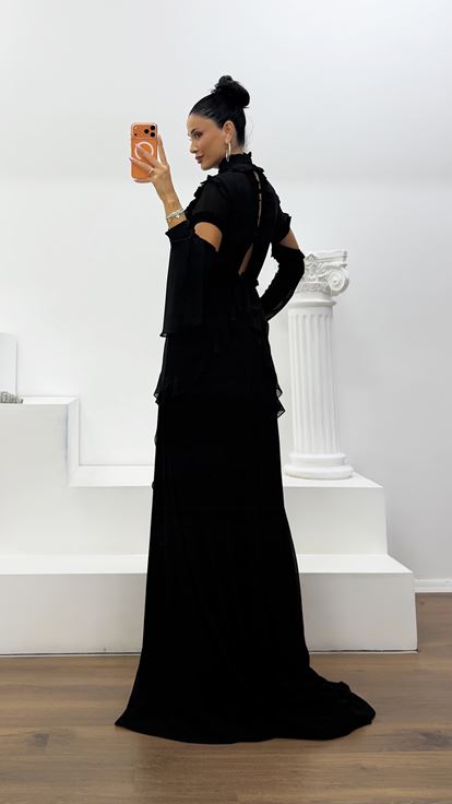 Black Ruffled Chiffon Evening Dress