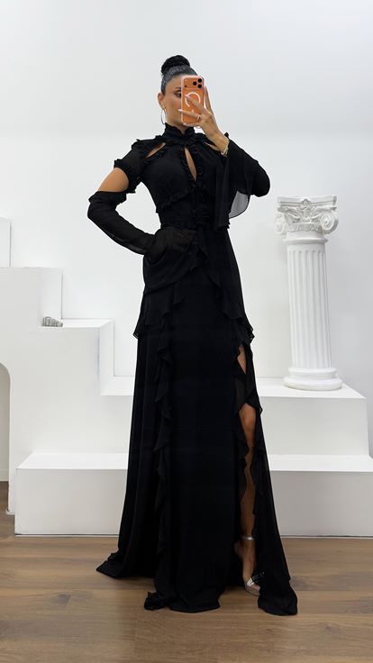 Black Ruffled Chiffon Evening Dress