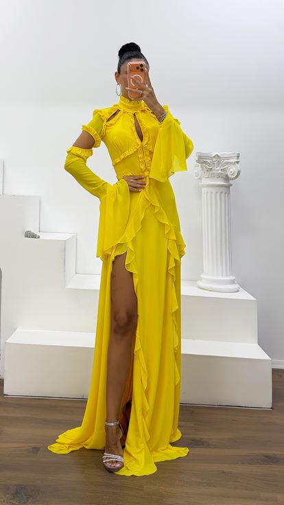 Yellow Ruffled Chiffon Evening Dress