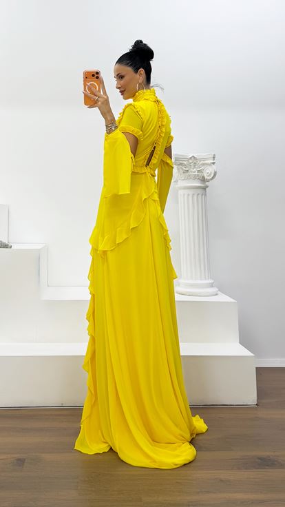 Yellow Ruffled Chiffon Evening Dress