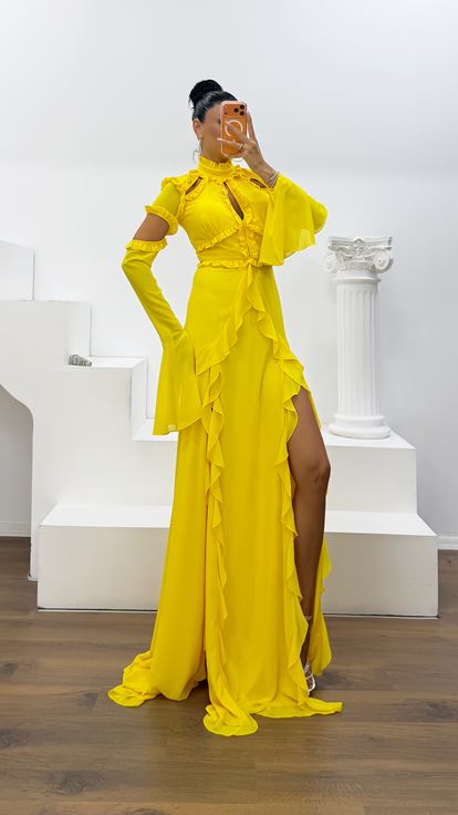 Yellow Ruffled Chiffon Evening Dress