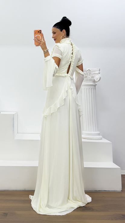 Ecru Ruffled Chiffon Evening Dress