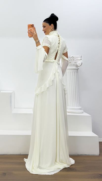 Ecru Ruffled Chiffon Evening Dress