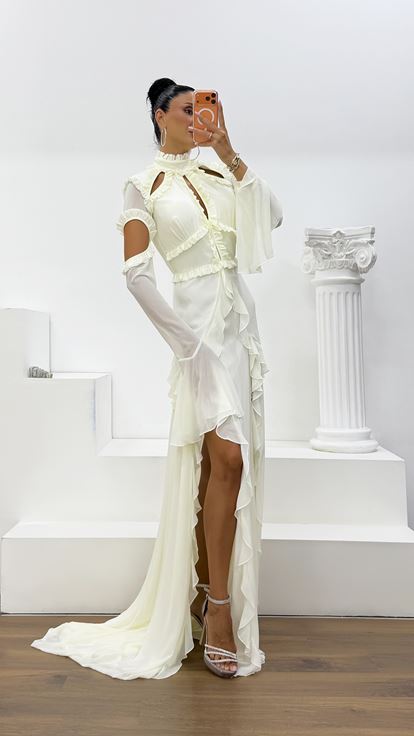 Ecru Ruffled Chiffon Evening Dress