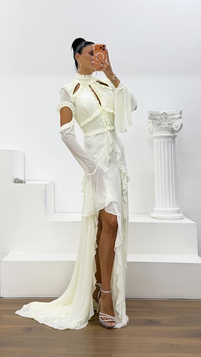 Ecru Ruffled Chiffon Evening Dress