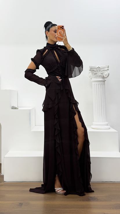 Brown Ruffled Chiffon Evening Dress