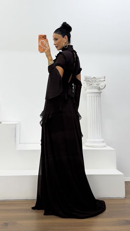 Brown Ruffled Chiffon Evening Dress
