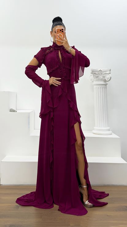 Abito da Sera in Chiffon con Volant Ciliegia