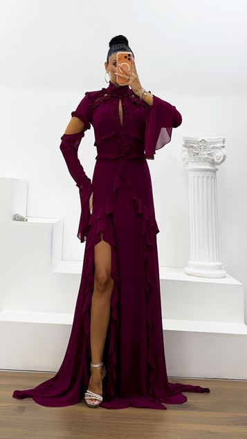 Abito da Sera in Chiffon con Volant Ciliegia