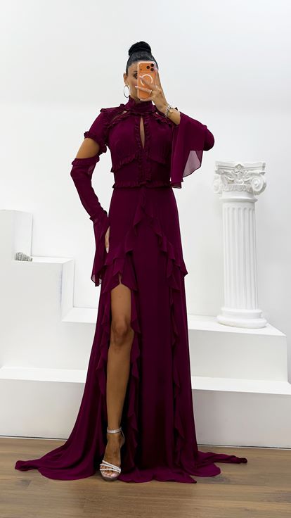 Abito da Sera in Chiffon con Volant Ciliegia