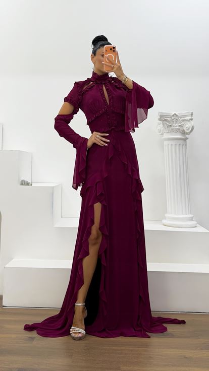 Abito da Sera in Chiffon con Volant Ciliegia