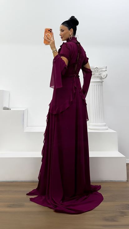 Abito da Sera in Chiffon con Volant Ciliegia