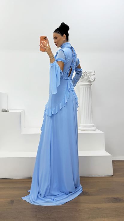 Blue Ruffled Chiffon Evening Dress