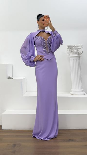 Vestido de Noche con Escote en V Profundo y Mangas Abullonadas de Tul Lila