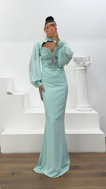 Vestido de Noche con Escote en V Profundo y Mangas Abullonadas de Tul Verde Aqua