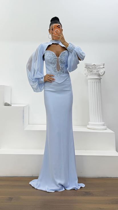 Vestido de Noche con Escote en V Profundo y Mangas Abullonadas de Tul Azul