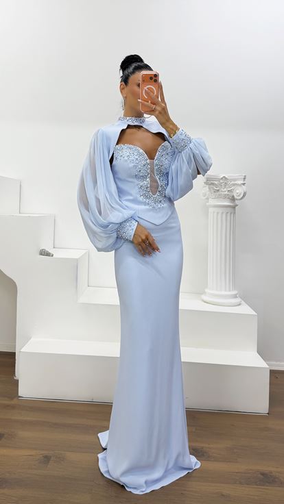 Vestido de Noche con Escote en V Profundo y Mangas Abullonadas de Tul Azul