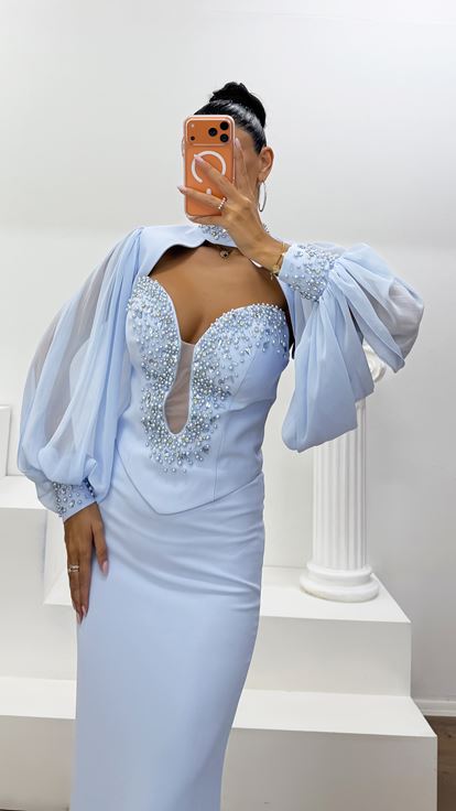 Vestido de Noche con Escote en V Profundo y Mangas Abullonadas de Tul Azul