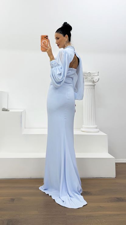 Vestido de Noche con Escote en V Profundo y Mangas Abullonadas de Tul Azul