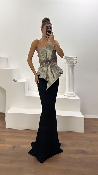 Taş Straplez Peplum Kesim Abiye Elbise