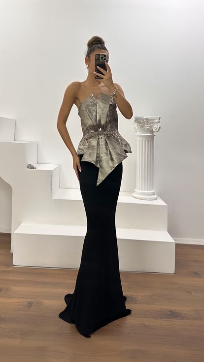 Taş Straplez Peplum Kesim Abiye Elbise