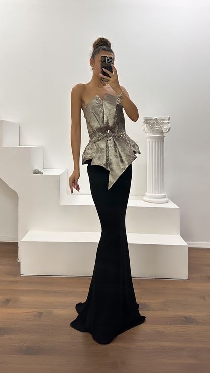 Taş Straplez Peplum Kesim Abiye Elbise